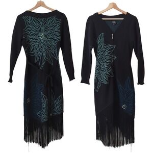 CoVelo Womens Longline Sweater Top Embroidered Fringe Zip Black S Whimsy Fairy